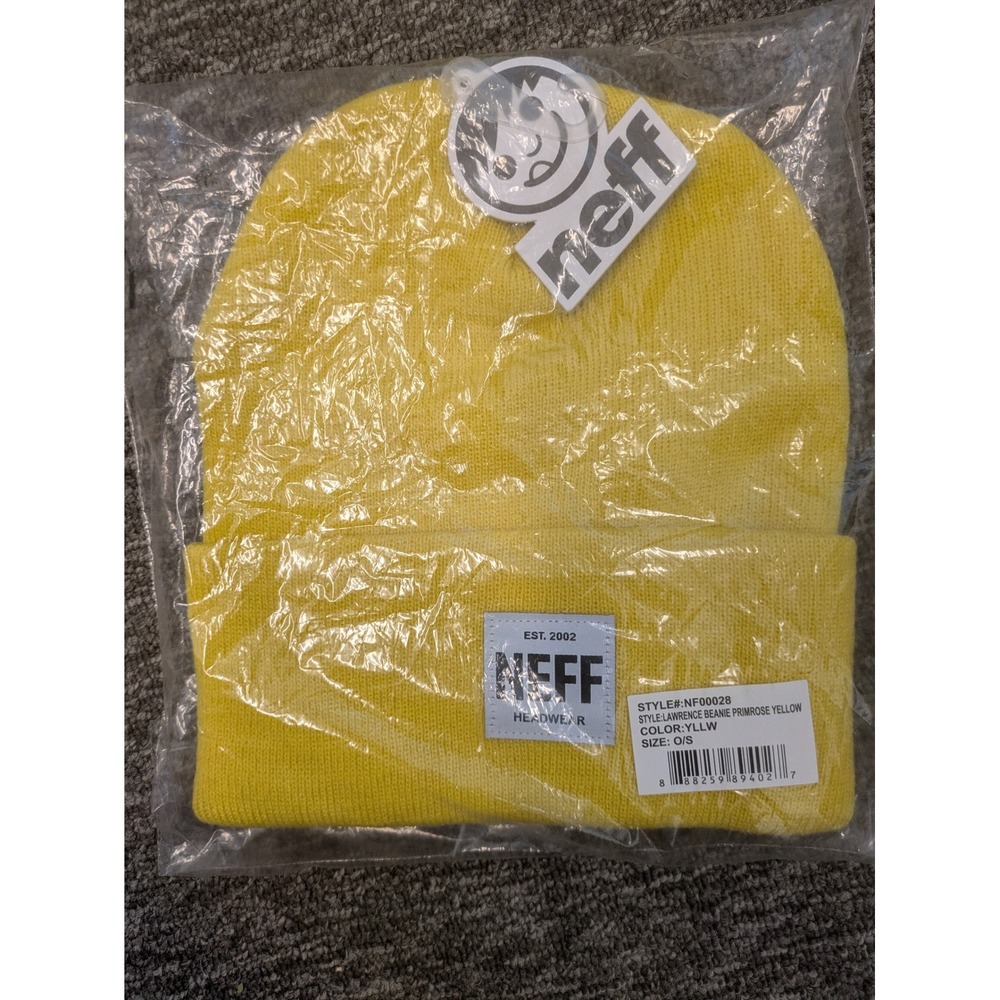 NEW Neff Lawrence Beanie Men's O/S Primrose Yellow Logo Patch Knit Hat‎